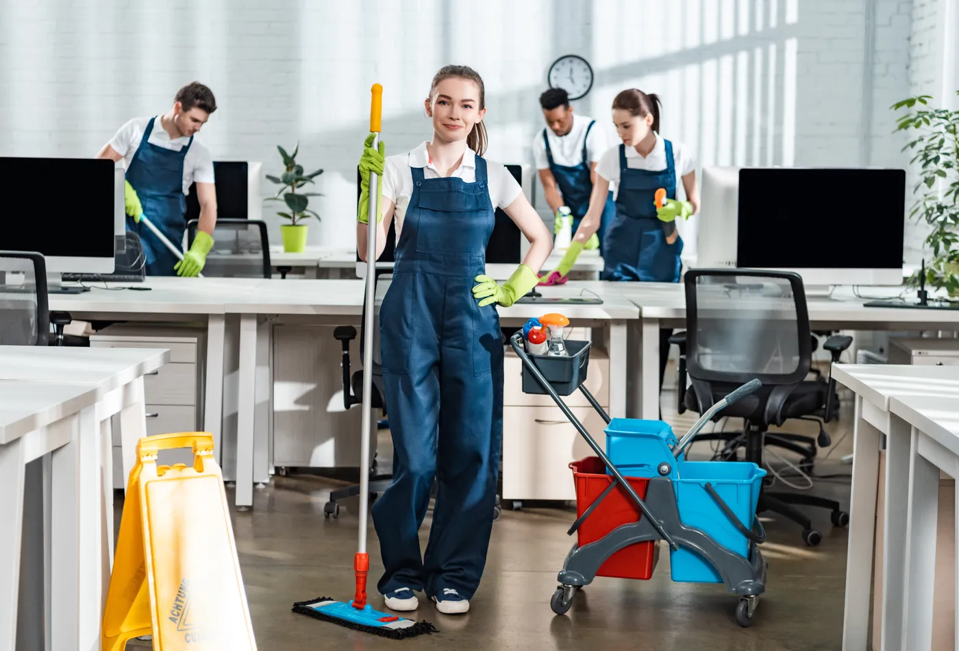 Equipo de limpieza comercial profesional Spaziclean en oficina en Orlando
