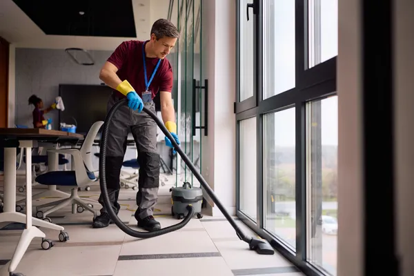 Tecnico Spaziclean aspirando pisos en edificio de oficinas en Orlando